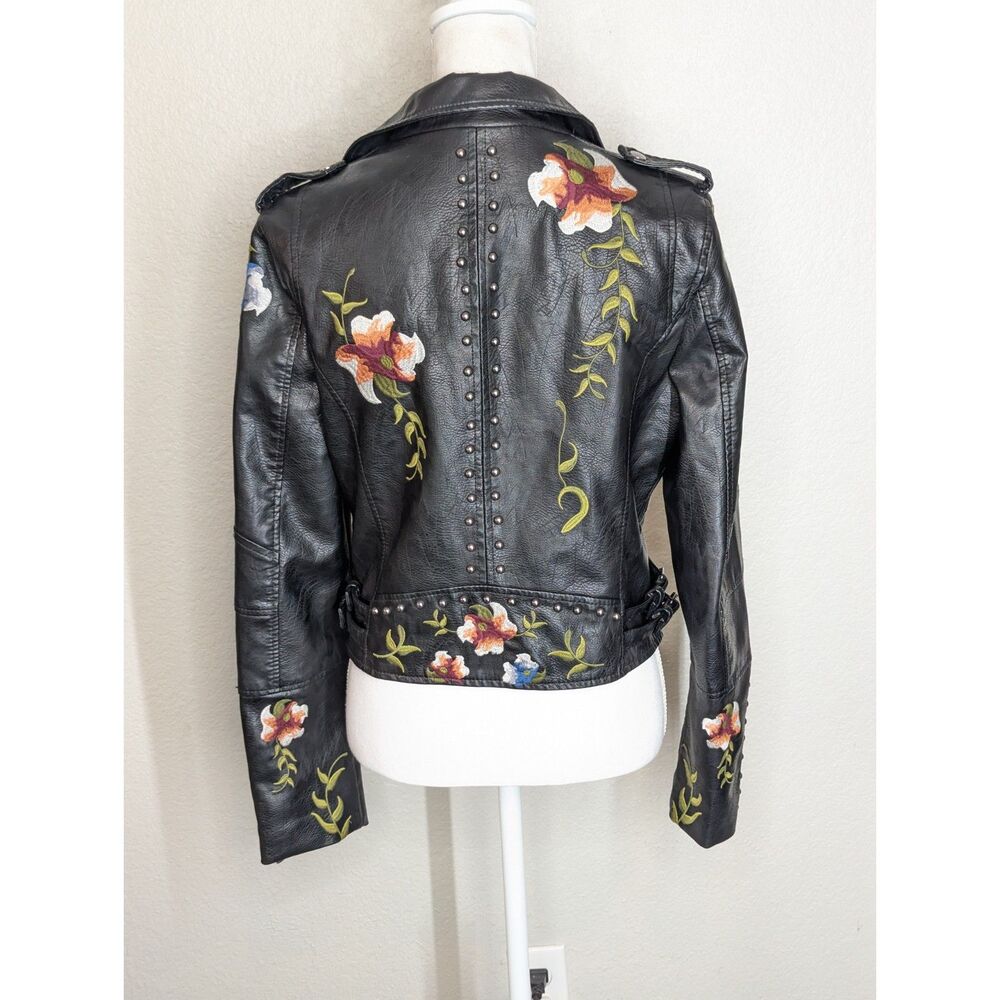 Faux Leather Biker Black Moto Jacket Floral Embroidery FLAWS Unique Approx Sz S - Picture 9 of 16